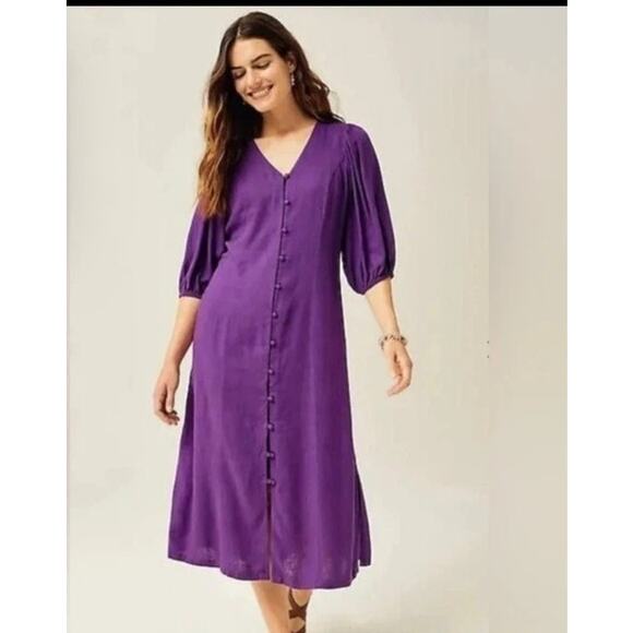 J.Jill Purple Seamed Linen Blend Puff Sleeve Midi Dress Caftan Medium Lagenlook - Picture 1 of 7